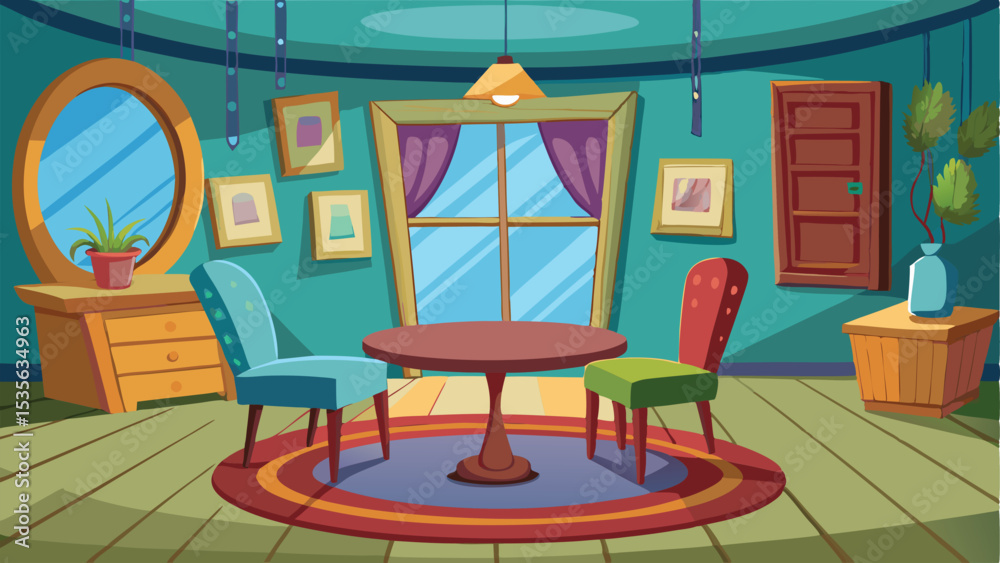 Fototapeta premium Cozy Cartoon Room with Oval Mirror, Round Table, Colorful Chairs, and Hanging Lamp