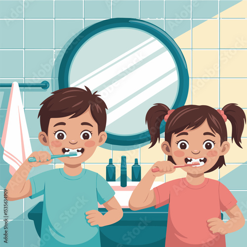 Happy children brushing teeth in bathroom morning hygiene routine illustration boy fun kids care girl cute oral sink