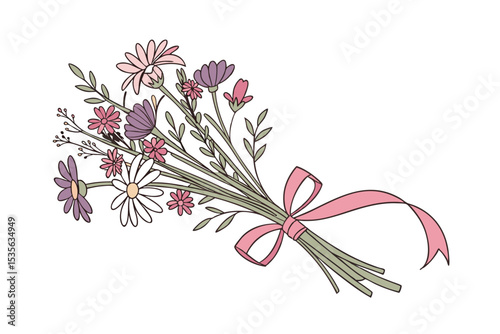 Cottagecore wildflower bouquet with pink ribbon vector art illustration