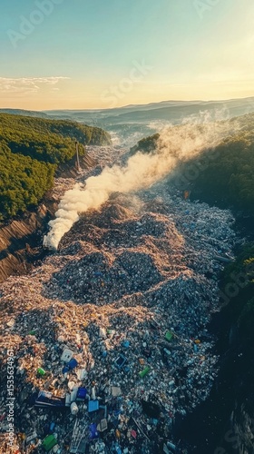 mountain of garbage waste plastic bottles packages of rotting food	
