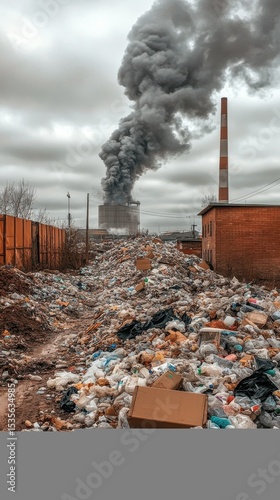 mountain of garbage waste plastic bottles packages of rotting food	
