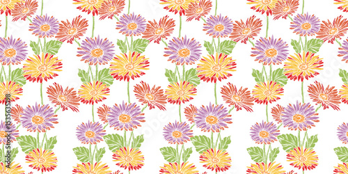 Seamless pattern of drawn garden colorful gerberas flowers, floral vector background, textile, wallpaper, fabric