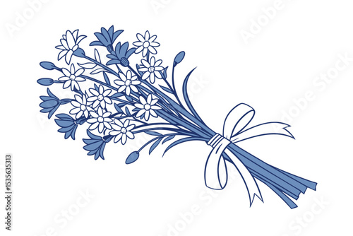 Blue and white wildflower bouquet with ribbon vector art illustration