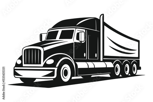 Monochrome vector illustration of a detailed semi truck and trailer design for transport