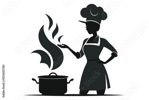 Silhouette of a female chef cooking food in a pot steam rising from the dish