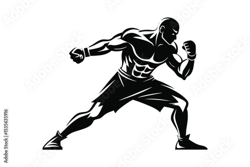 Silhouette of a muscular boxer in attack position ready to punch with power and strength