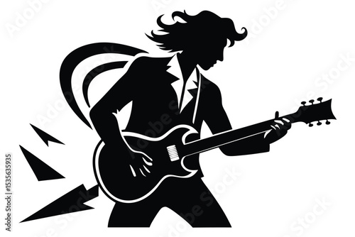 Silhouette of a rock musician playing electric guitar with musical theme and energy