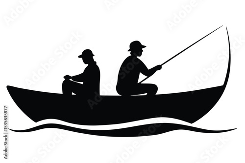Silhouette of two anglers fishing from a boat with fishing rods on white background