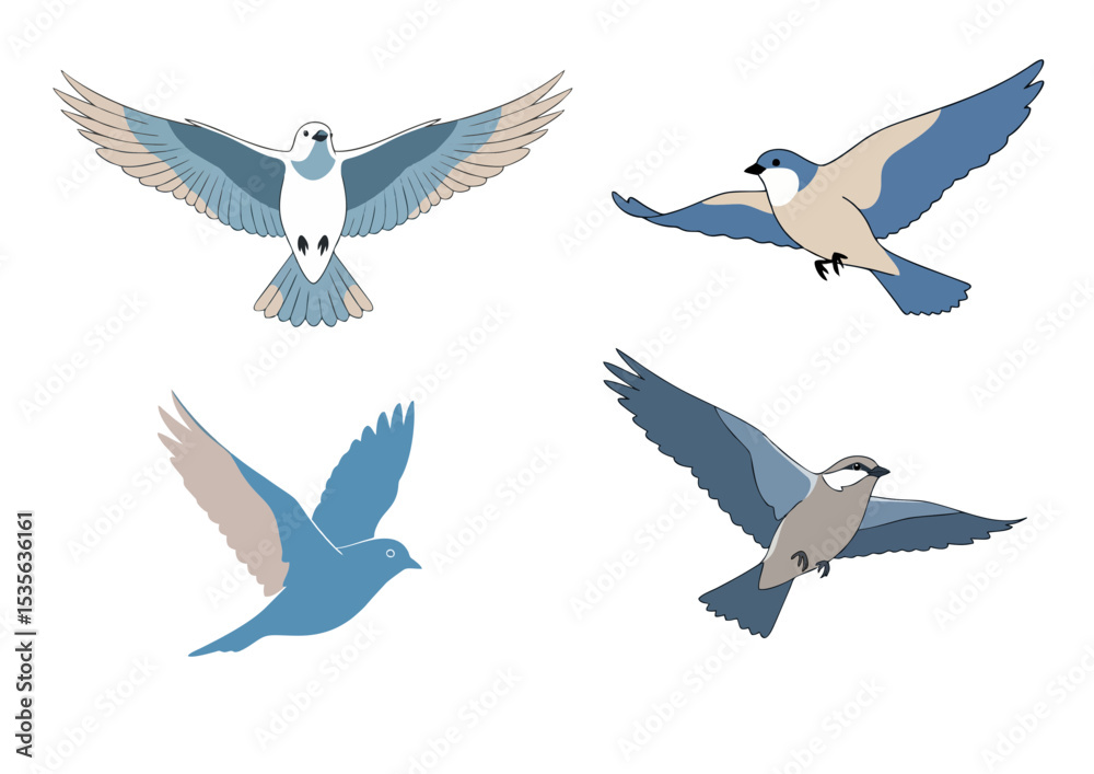 Obraz premium Bird in mid-flight with outstretched wings, stylized and minimal design in calm blue and neutral tones on transparent background