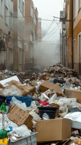 mountain of garbage waste plastic bottles packages of rotting food	
