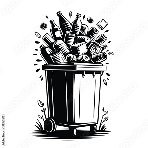 Overflowing Trash Can A Black and White Illustration