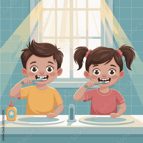 Happy children brushing teeth in bathroom morning hygiene routine cute kids dental care illustration boy fun girl sink