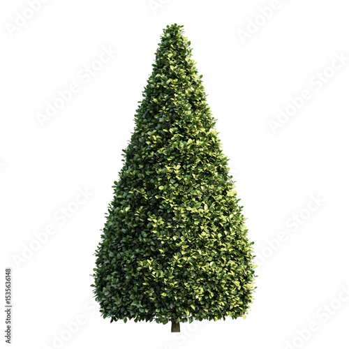 A digitally rendered image of a topiary tree shaped like a triangle, with a short, slender trunk isolated on transparent or white background.