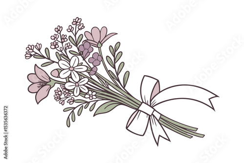 Hand-tied cottagecore wildflowers with vintage ribbon vector art illustration