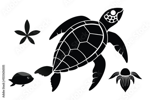 Simple black sea turtle with additional sea creatures isolated on white background