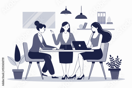 Three businesswomen collaborating around a table with laptop and engaging in team discussion
