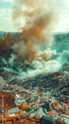 mountain of garbage waste plastic bottles packages of rotting food	
