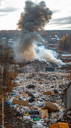 mountain of garbage waste plastic bottles packages of rotting food	
