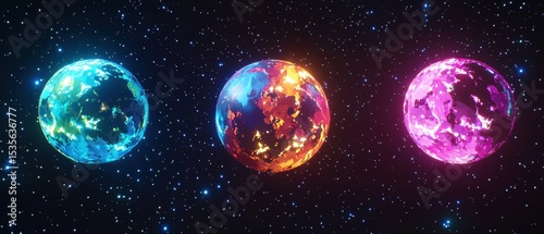 Colorful Planets in Cosmic Dance Illuminated with Vibrant Glow