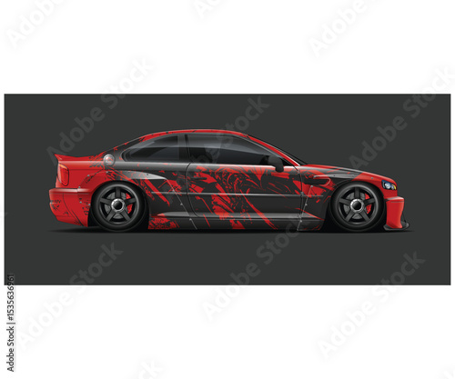 Red and Black Custom Race Car Design with Abstract Graphics