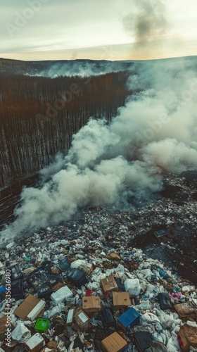 mountain of garbage waste plastic bottles packages of rotting food	
