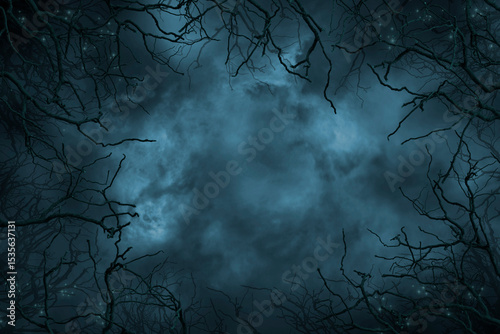 Halloween horror background blank template with empty copy space. Tree branches, dark sky