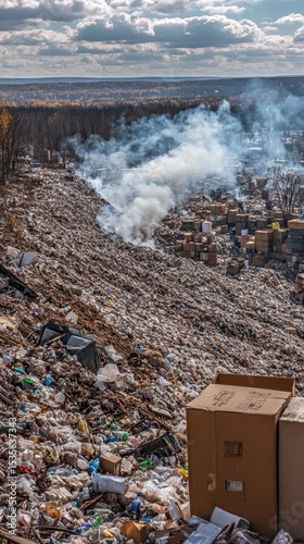 mountain of garbage waste plastic bottles packages of rotting food	
