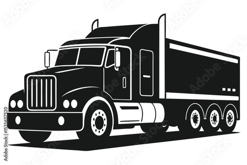 Black and white illustration of a semi truck hauling goods in transportation industry