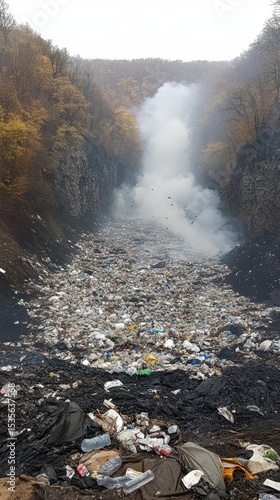 mountain of garbage waste plastic bottles packages of rotting food	
