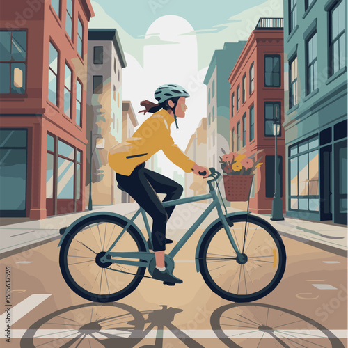 Woman riding bicycle on city street flowers basket urban cycling yellow jacket art bike road rider happy style retro