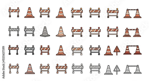 Construction Icons Road Closed Barriers, Cones, and Traffic Signs Vector Illustrations