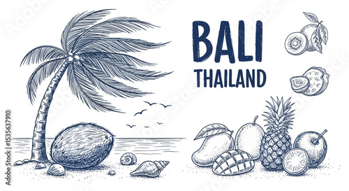 Hand-Drawn Tropical Beach Scene Coconut Palm, Fruits, and Ocean Breeze