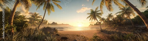 Scenic View of Palm Tree-Lined Beach in Tropical Setting