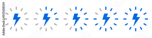 Battery charge level indicator icon set. Charging status, battery capacity from empty to full. Lightning energy level bar