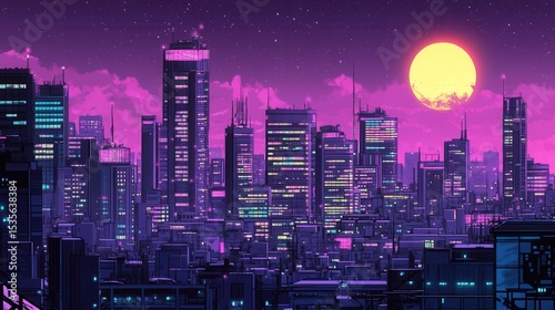 Neon-lit cityscape under a vibrant orange moon against a purple sky