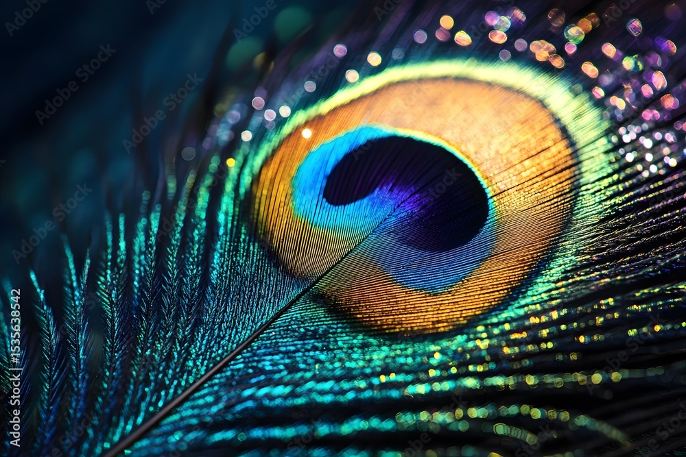 Fototapeta premium Detailed Macro Shot of a Peacock Feather's Vibrant Colors and Texture