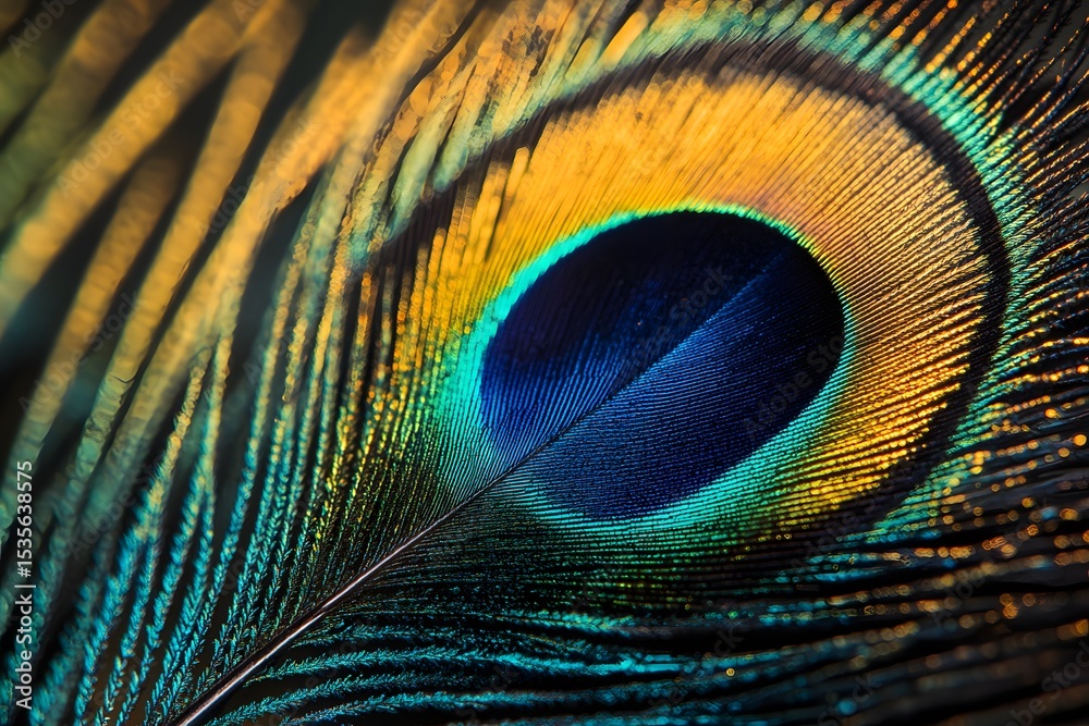 Obraz premium Close-up of a Vibrant Peacock Feather with Intricate Details and Colors