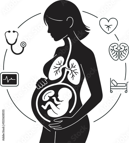 Pregnant Woman Silhouette with Fetal Development Medical Icons
