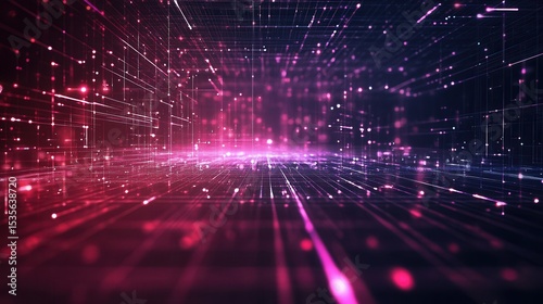 Digital Data Stream with Neon Lights and Particles