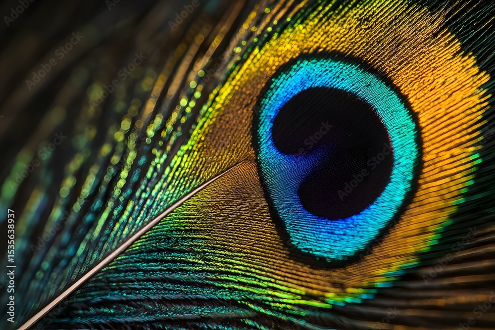 Obraz premium Intricate Peacock Feather Detail: Vibrant Colors and Textured Close-Up View