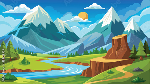 Stylized Mountain Landscape Illustration with River, Trees, Cliffs, and a Bright Sun