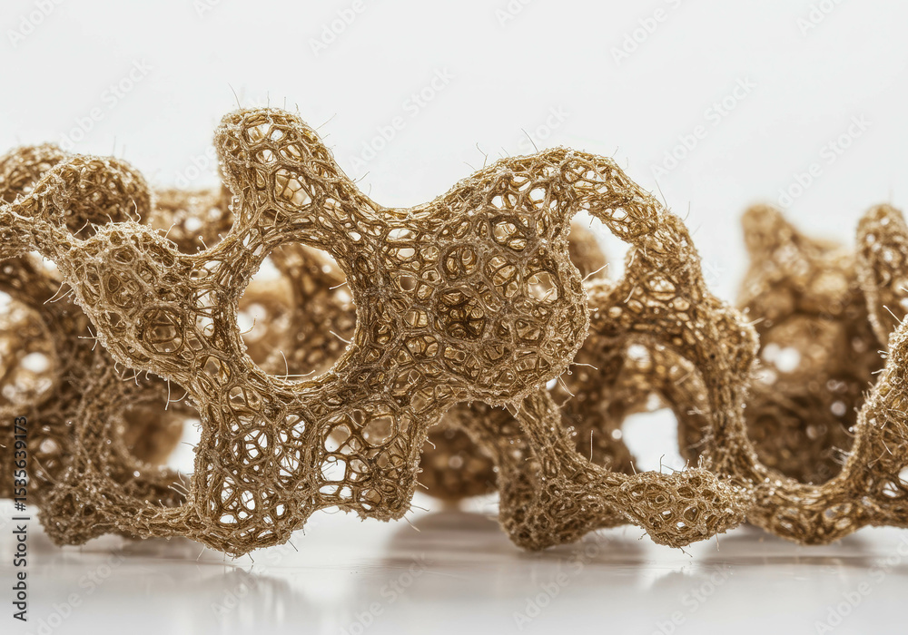 Obraz premium Abstract 3D organic textured shape with intricate porous structure. Microscopic view of spongy material with interconnected cells.