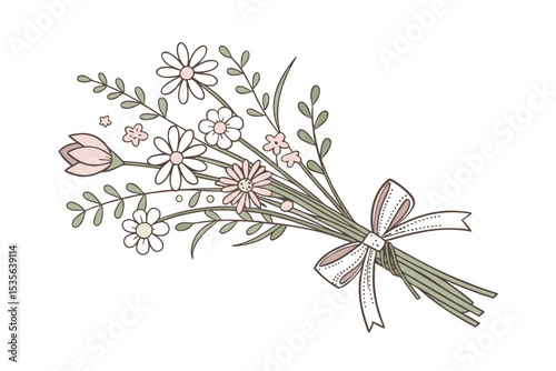Romantic cottagecore wildflower bouquet with lace ribbon vector art illustration