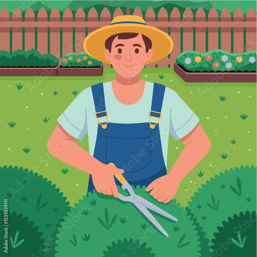 Happy gardener trimming lush green bushes in a beautiful backyard garden man hat sun day work hobby plants shears summer