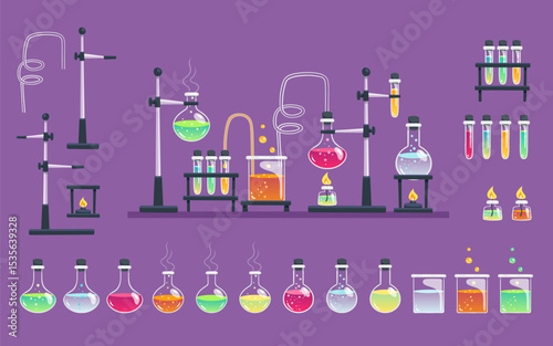 Cute hand-drawn Chemistry Laboratory and isolated items, perfect for sticker designs, prints, and crafting projects. A total of 24 items. Vector illustration.