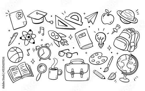 Cute hand-drawn Back to School doodle background and isolated items, perfect for surface design, prints, and crafting projects. A total of 28 different items. Vector illustration.