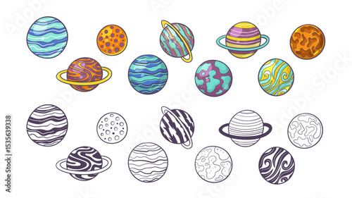 Cute hand-drawn planets in two different styles.. Perfect for sticker designs, prints and crafting projects. A total of 18 items. Vector illustration.