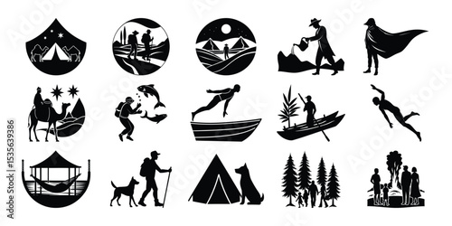 Adventure Travel Icons Camping, Hiking, Water Sports, and More