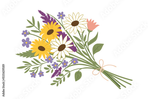 Vibrant summer wildflower bouquet with ribbon vector art illustration