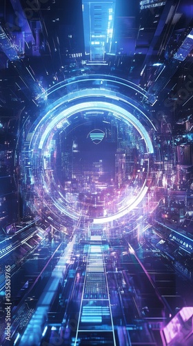 Futuristic Cityscape with Glowing Circular Structure